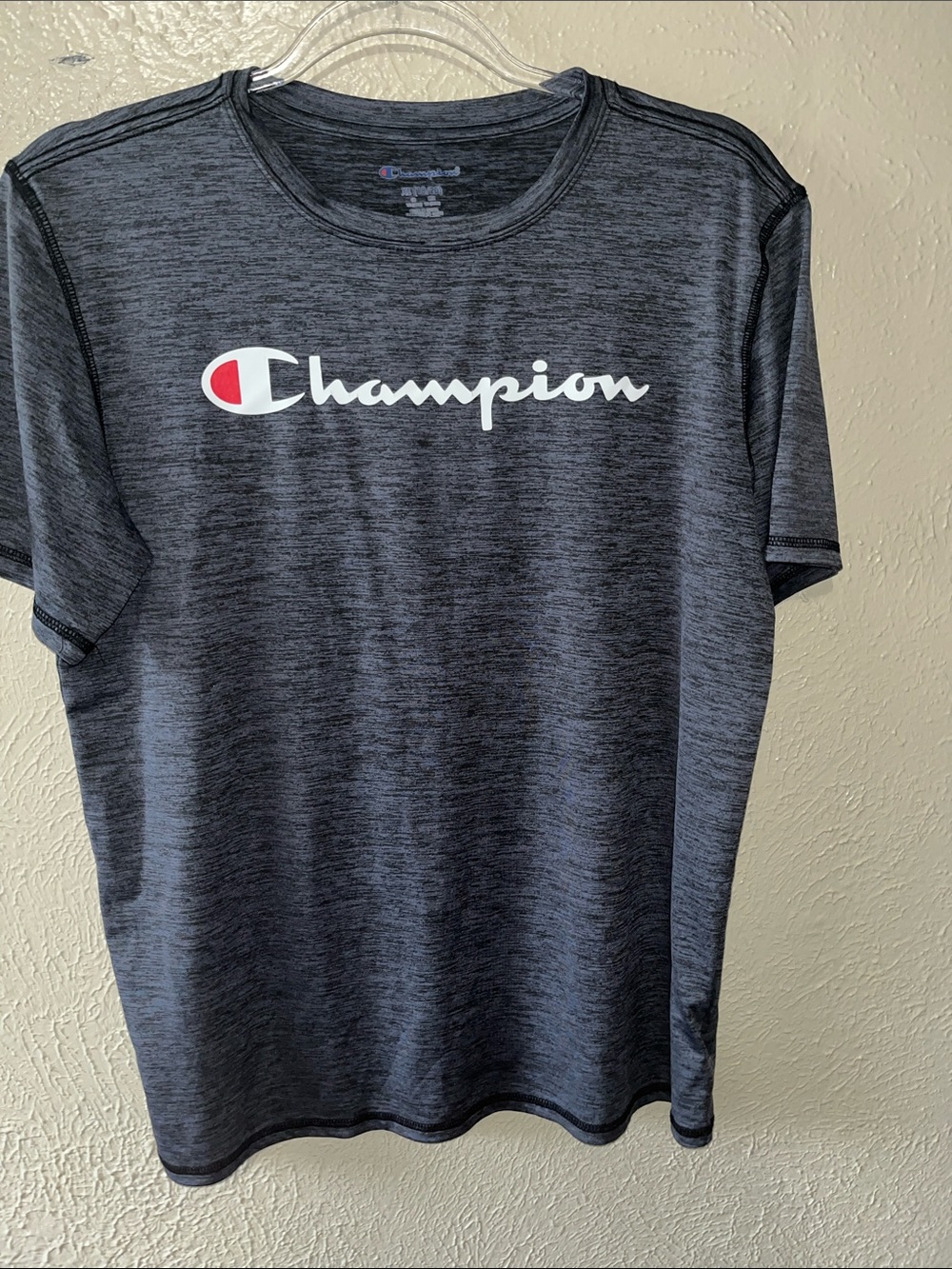 Champion Men's Heathered Charcoal Logo Tee - Black/Gray with Red Accent